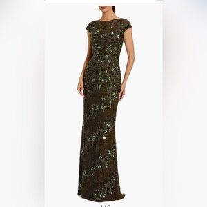Beaded High Neck Cap Sleeve Column Gown